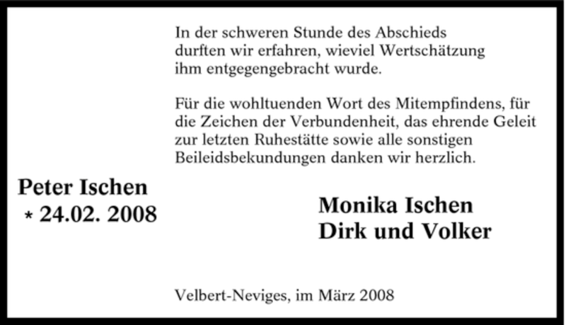  Traueranzeige für Peter Ischen vom 08.03.2008 aus Tageszeitung