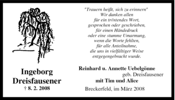 Traueranzeige von Ingeborg Dreisfausener von Tageszeitung