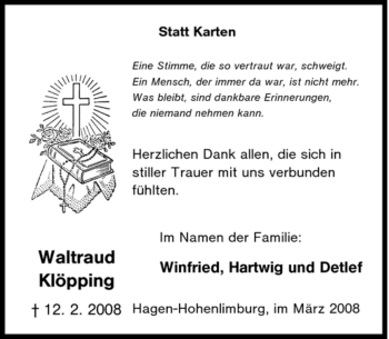 Traueranzeige von Waltraud Klöpping von Tageszeitung