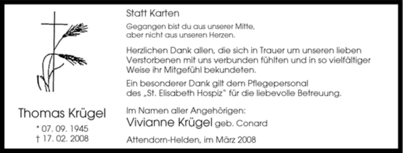  Traueranzeige für Thomas Krügel vom 15.03.2008 aus Tageszeitung