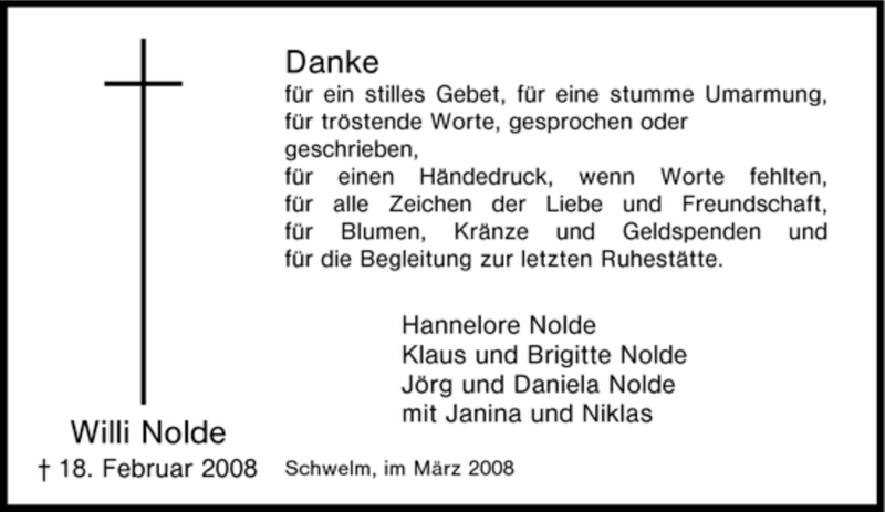  Traueranzeige für Willi Nolde vom 15.03.2008 aus Tageszeitung