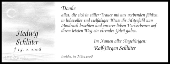 Traueranzeige von Hedwig Schlüter von Tageszeitung