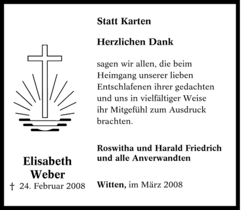  Traueranzeige für Elisabeth Weber vom 17.03.2008 aus Tageszeitung