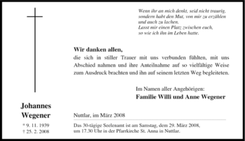 Traueranzeige von Johannes Wegener von Tageszeitung