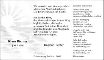 Traueranzeige von Klaus Richter von Tageszeitung