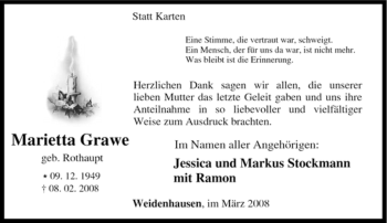 Traueranzeige von Marietta Grawe von Tageszeitung