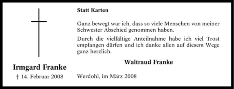  Traueranzeige für Irmgard Franke vom 26.03.2008 aus Tageszeitung