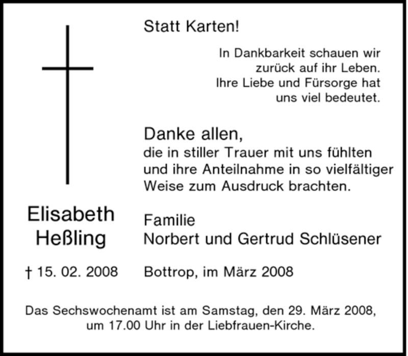  Traueranzeige für Elisabeth Heßling vom 26.03.2008 aus Tageszeitung
