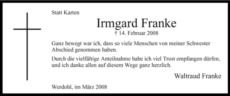  Traueranzeige für Irmgard Franke vom 26.03.2008 aus Tageszeitung