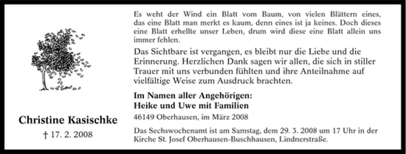  Traueranzeige für Christine Kasischke vom 27.03.2008 aus Tageszeitung