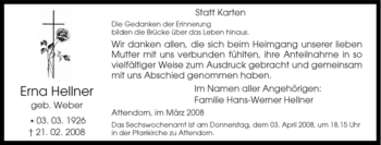 Traueranzeige von Erna Hellner von Tageszeitung