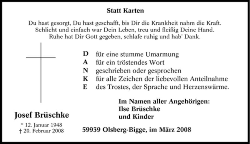  Traueranzeige für Josef Brüschke vom 29.03.2008 aus Tageszeitung