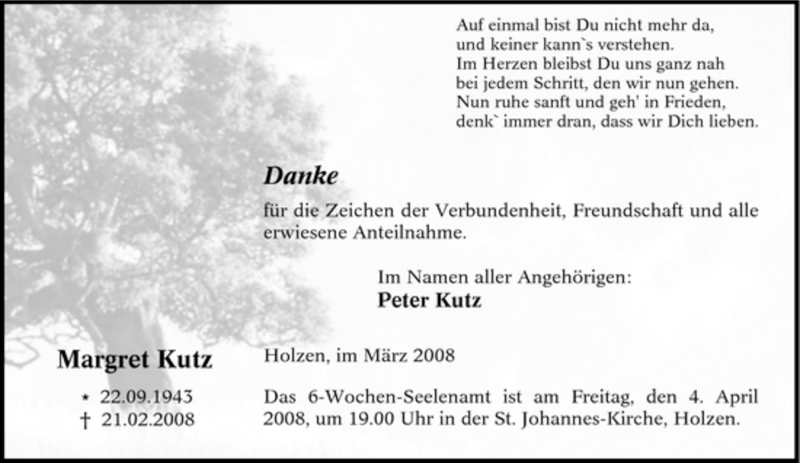  Traueranzeige für Margret Kutz vom 31.03.2008 aus Tageszeitung