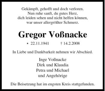 Traueranzeige von Gregor Voßnacke von Tageszeitung