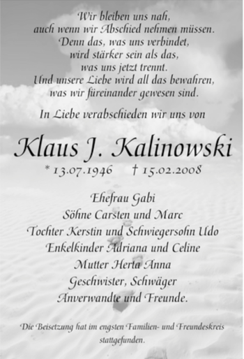 Traueranzeige von Klaus J. Kalinowski von Tageszeitung