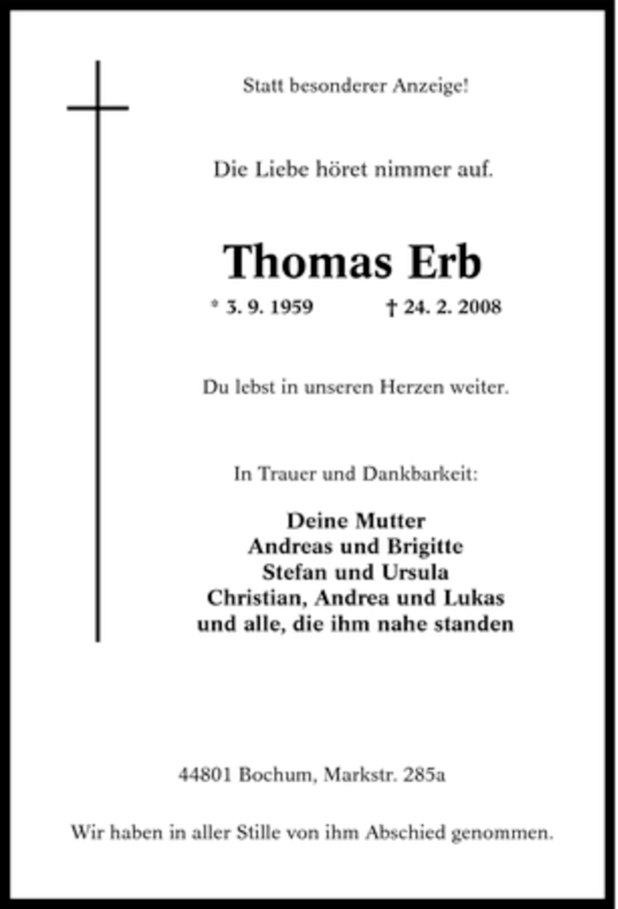  Traueranzeige für Thomas Erb vom 01.03.2008 aus Tageszeitung