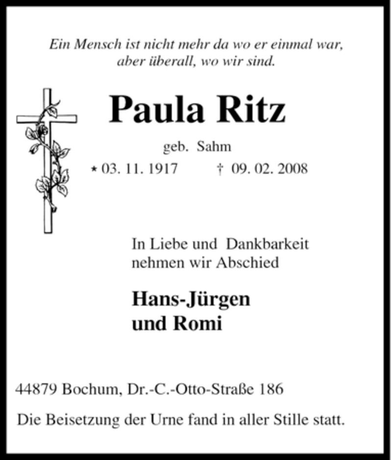  Traueranzeige für Paula Ritz vom 01.03.2008 aus Tageszeitung