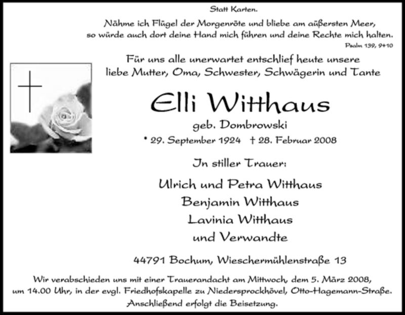  Traueranzeige für Elli Witthaus vom 01.03.2008 aus Tageszeitung