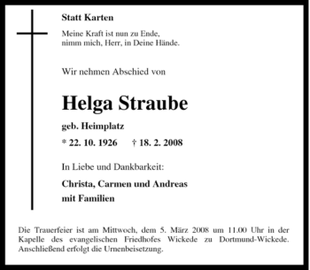 Traueranzeige von Helga Straube von Tageszeitung