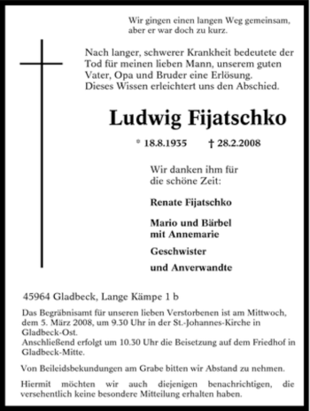 Traueranzeige von Ludwig Fijatschko von Tageszeitung