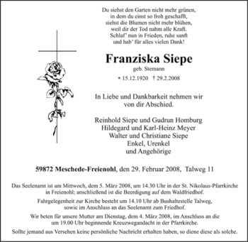 Traueranzeige von Franziska Siepe von Tageszeitung