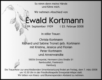 Traueranzeige von Ewald Kortmann von Tageszeitung