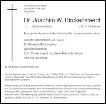 Traueranzeige von Joachim W. Birckenstaedt von Tageszeitung