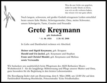 Traueranzeige von Grete Kreymann von Tageszeitung
