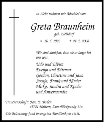Traueranzeige von Greta Braunheim von Tageszeitung
