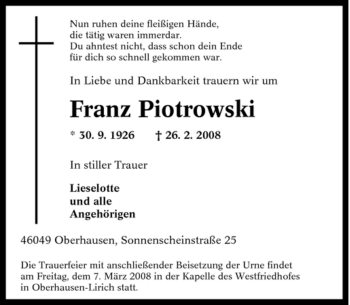Traueranzeige von Franz Piotrowski von Tageszeitung