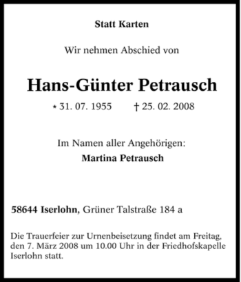 Traueranzeige von Hans-Günter Petrausch von Tageszeitung