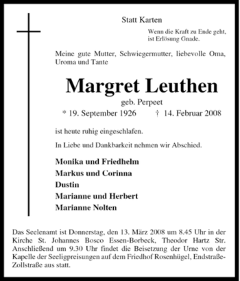 Traueranzeige von Margret Leuthen von Tageszeitung