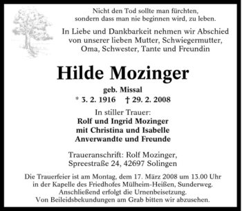 Traueranzeige von Hilde Mozinger von Tageszeitung