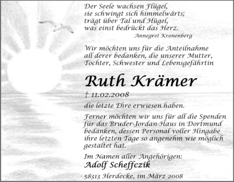  Traueranzeige für Ruth Krämer vom 15.03.2008 aus Tageszeitung