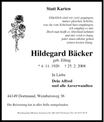 Traueranzeige von Hildegard Bäcker von Tageszeitung