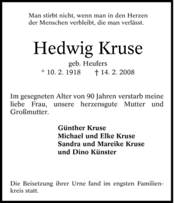 Traueranzeige von Hedwig Kruse von Tageszeitung