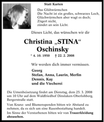Traueranzeige von Christina Oschinsky von Tageszeitung