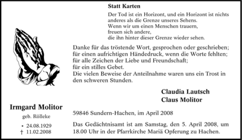  Traueranzeige für Irmgard Molitor vom 01.04.2008 aus Tageszeitung