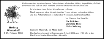 Traueranzeige von Hedwig Westerhoff von Tageszeitung