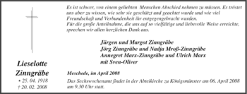 Traueranzeige von Lieselotte Zinngräbe von Tageszeitung