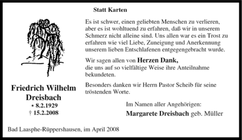  Traueranzeige für Friedrich Wilhelm Dreisbach vom 03.04.2008 aus Tageszeitung