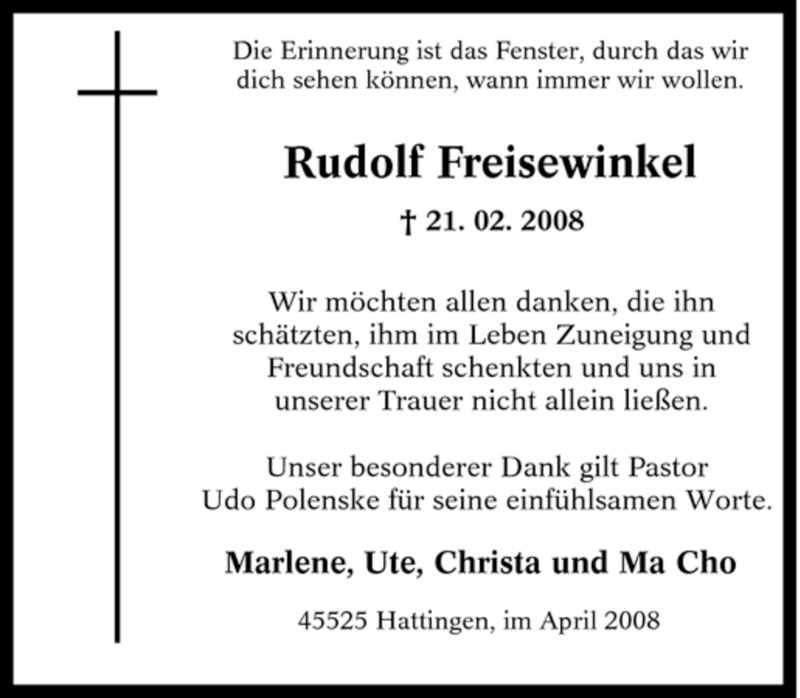  Traueranzeige für Rudolf Freisewinkel vom 05.04.2008 aus Tageszeitung
