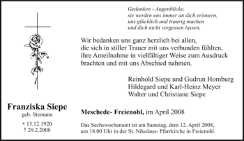 Traueranzeige von Franziska Siepe von Tageszeitung
