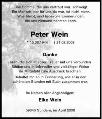 Traueranzeige von Peter Wein von Tageszeitung