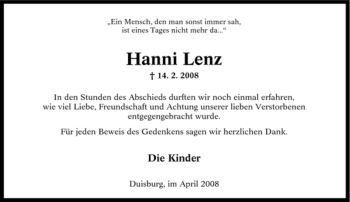 Traueranzeige von Hanni Lenz von Tageszeitung