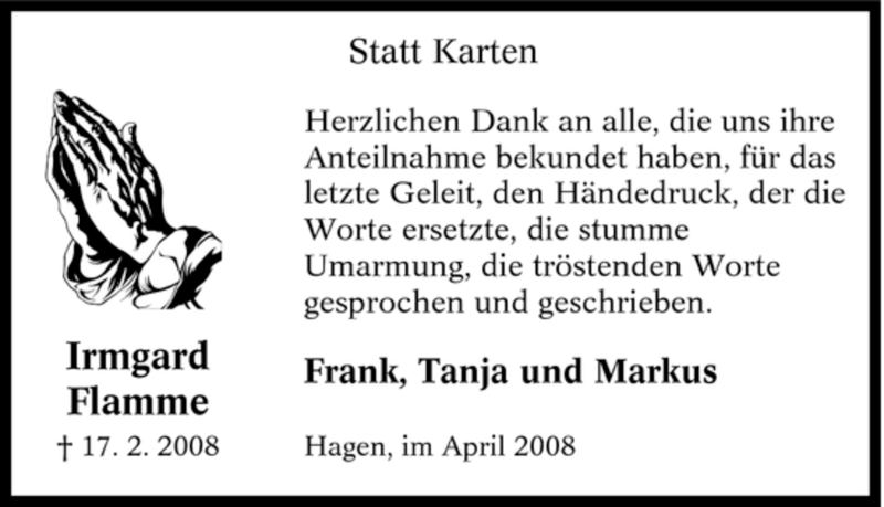  Traueranzeige für Irmgard Flamme vom 09.04.2008 aus Tageszeitung