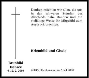 Traueranzeige von Brunhild Isensee von Tageszeitung