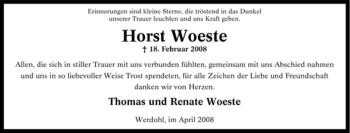 Traueranzeige von Horst Woeste von Tageszeitung