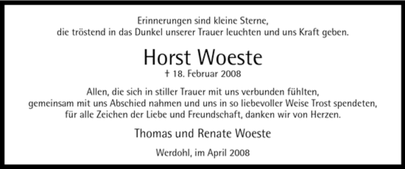  Traueranzeige für Horst Woeste vom 19.04.2008 aus Tageszeitung