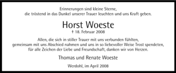 Traueranzeige von Horst Woeste von Tageszeitung